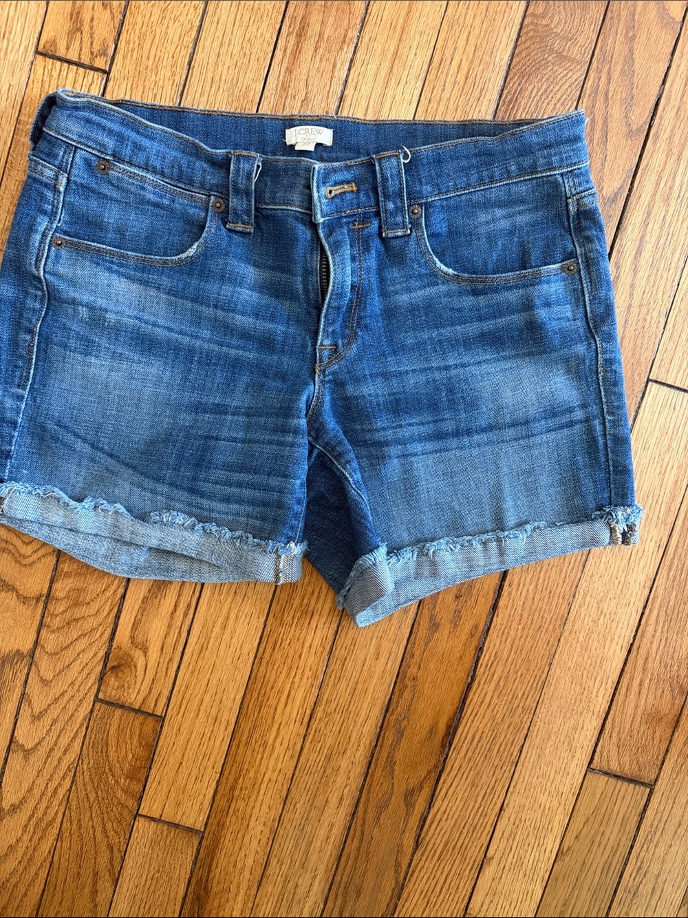 J. Crew Denim Frayed Hem Mid-Rise Shorts in Blue